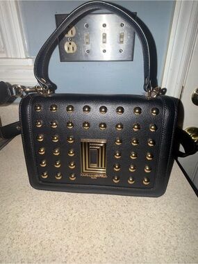 Karl Lagerfeld Black Leather Studded Top-Handle Satchel with Gold Accents